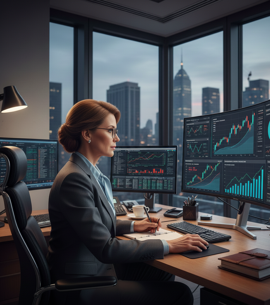 Directivo analizando gráficos de inversión y gestión de capital en pantalla de computadora