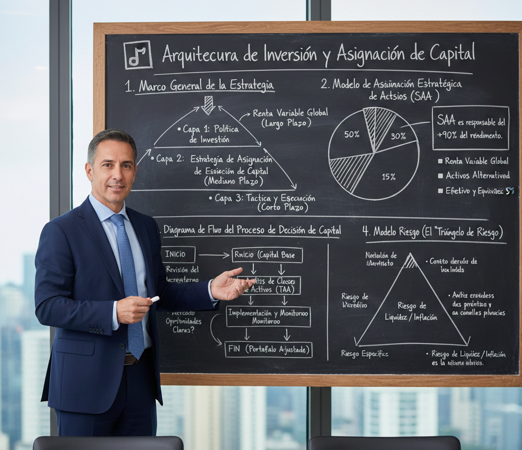Estratega financiero presentando arquitectura de inversión y asignación de capital en pizarrón