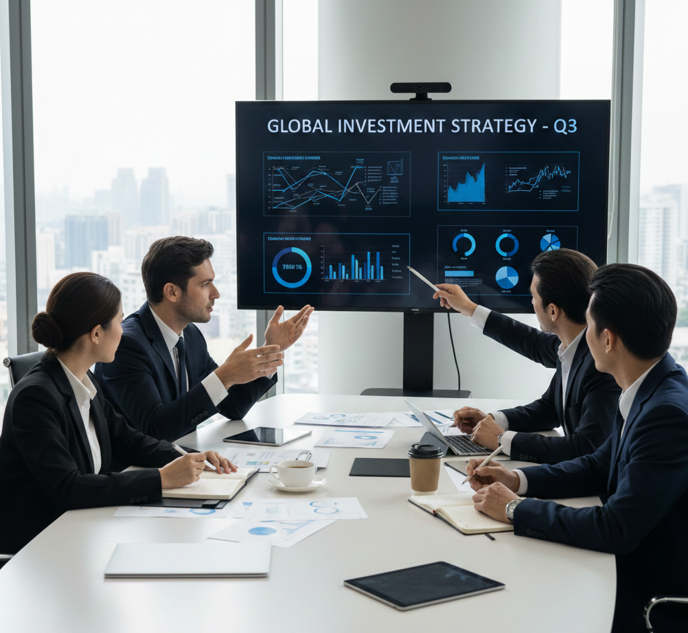 Equipo de consultores discutiendo estrategia de inversión en reunión de negocios profesional