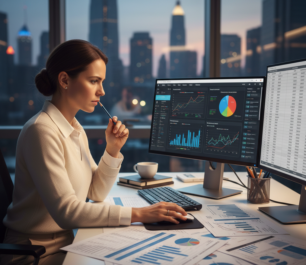 Analista revisando métricas de rendimiento de inversión y análisis comparativo en reportes financieros