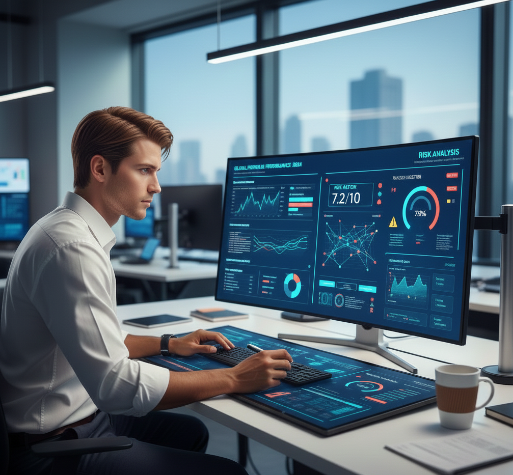 Analista financiero revisando reportes de inversión y análisis de riesgo en dashboard interactivo